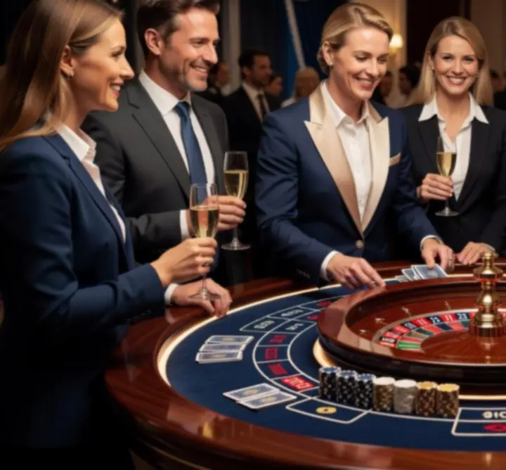 Eleganckie stoły do pokera, ruletki i blackjacka przygotowane na event firmowy
